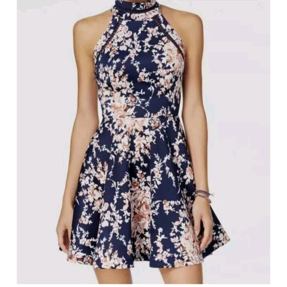 B. Darlin Women Junior's Blue Sleeveless Floral Crochet-Trim Dress Size 11/12